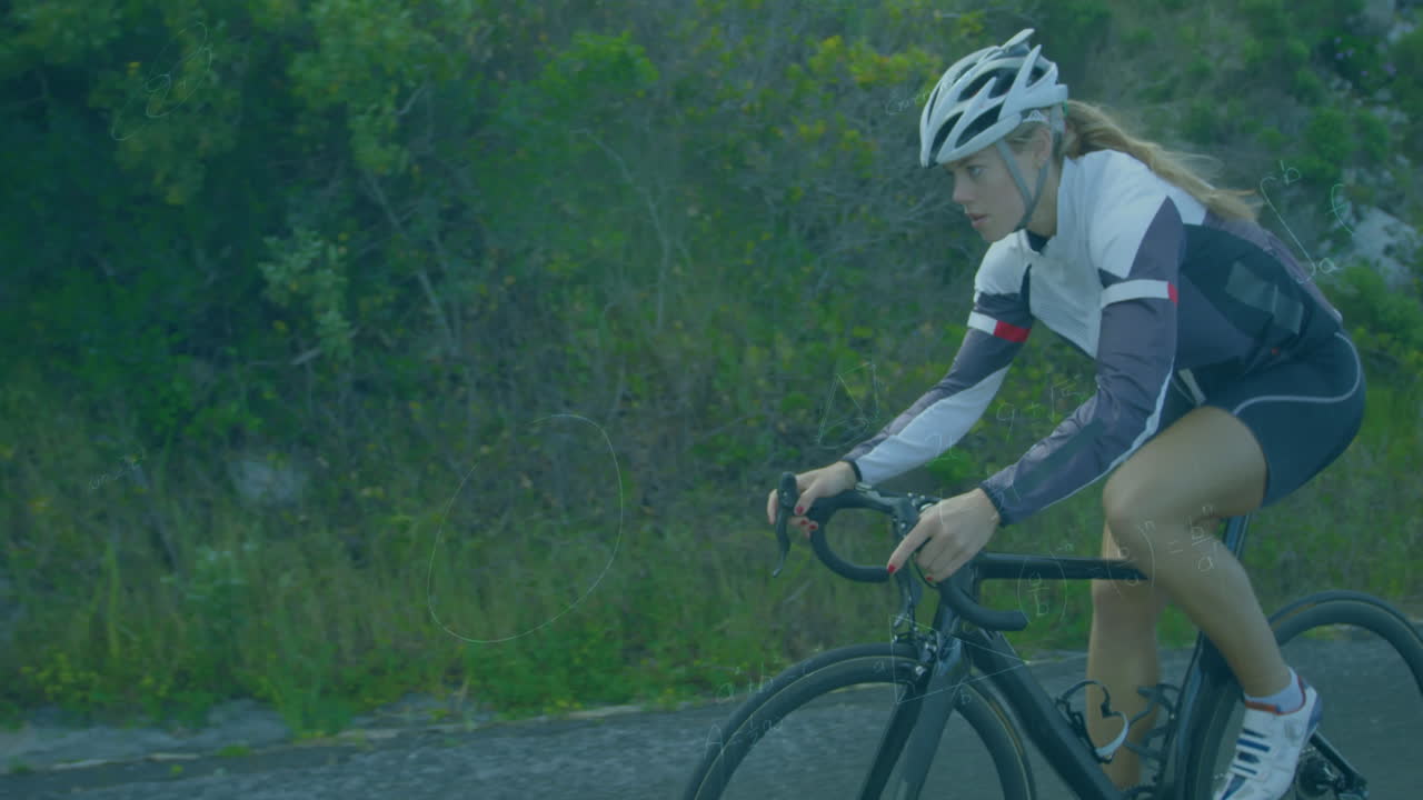 animación de ángeles matemáticos y símbolos sobre mujer caucásica montando bicicleta en el bosque.