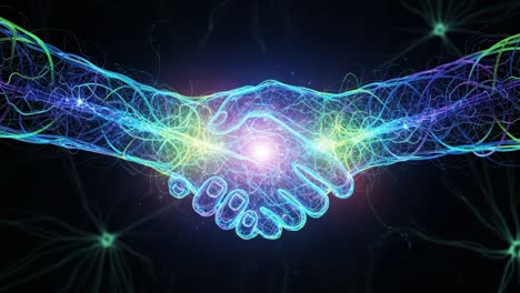 a symbolic representation of unity and connection through a vibrant handshake, illuminated by colorful energies and pulsating light against a cosmic background