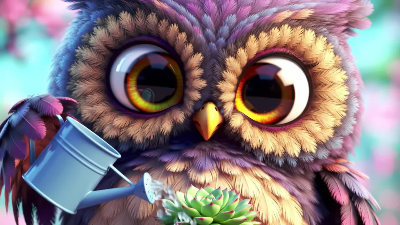 Whimsical Owl Watering Succulent: A Colorful and Adorable Representation of Nature, Care, and Growth in a Vibrant, Artistic Setting