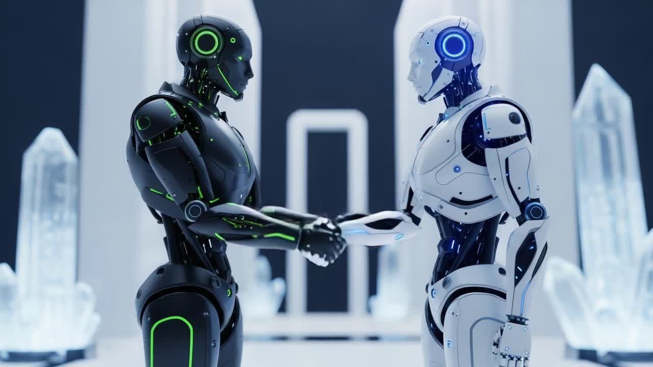 A Futuristic Encounter: Two Advanced Robots Engage in a Cordial Handshake Amidst a High-Tech Environment Surrounded by Crystal Structures