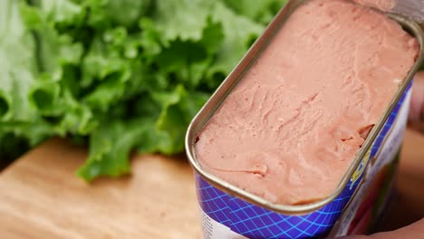 Close-up-of-canned-meat-on-table-,