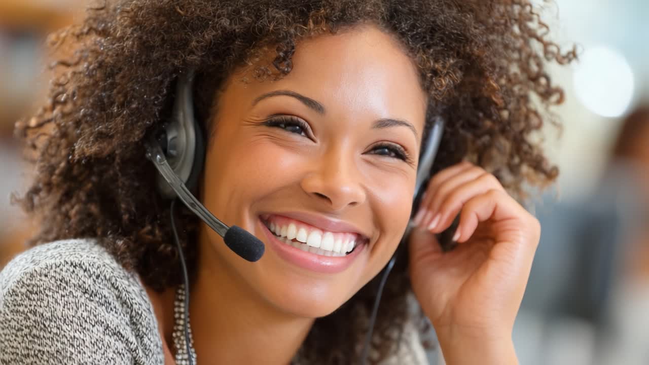 A Joyful Professional Engaging in Customer Service with a Bright Smile and Stylish Headset, Reflecting Positivity and Enthusiasm in a Modern Office Environment