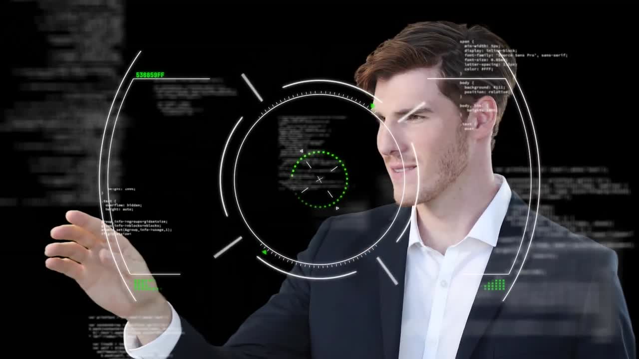 анимация обработки данных над улыбающимся кавказским бизнесменом с использованием интерфейса