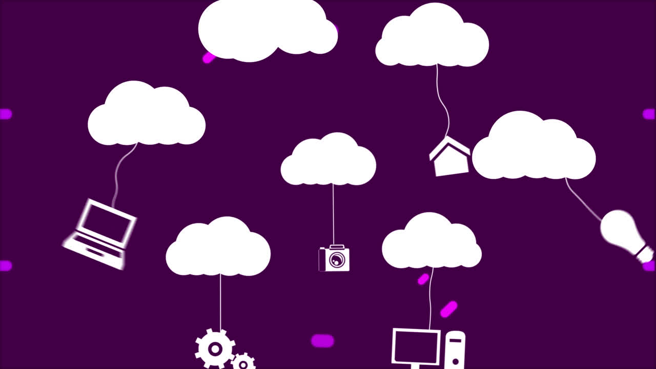 Animation of white clouds with hanging media icons over pink circular scanner on black background
