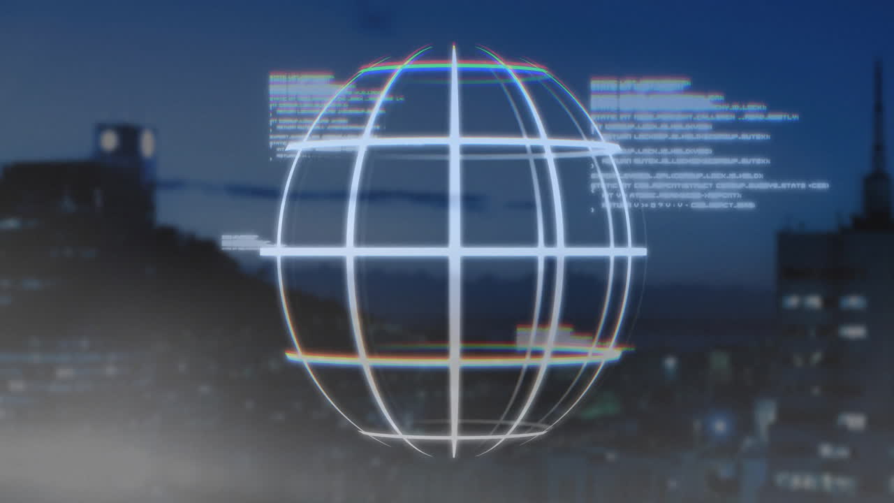 animación del globo con procesamiento de datos sobre el paisaje urbano