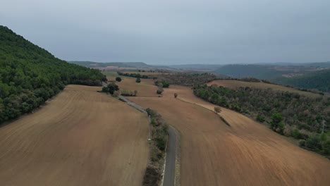 San-ponce-reservoir-in-cardona-barcelona-showing-vast-fields-and-winding-road,-aerial-view