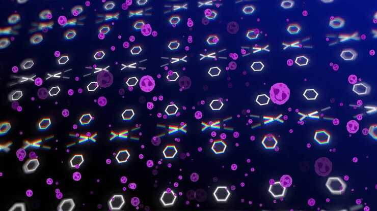 Animation of moving emoji icons and shapes on black background