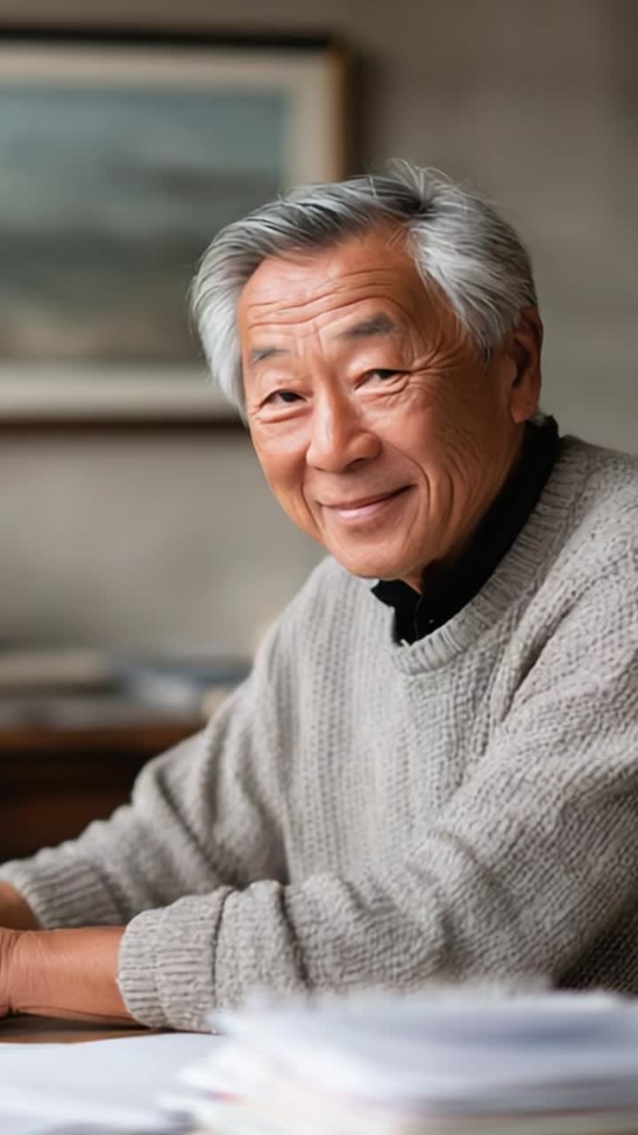 穏やかで賢明：柔らかな光の中で、穏やかな屋内環境における温かい笑顔と優雅な佇まいを見せる老人のポートレート。