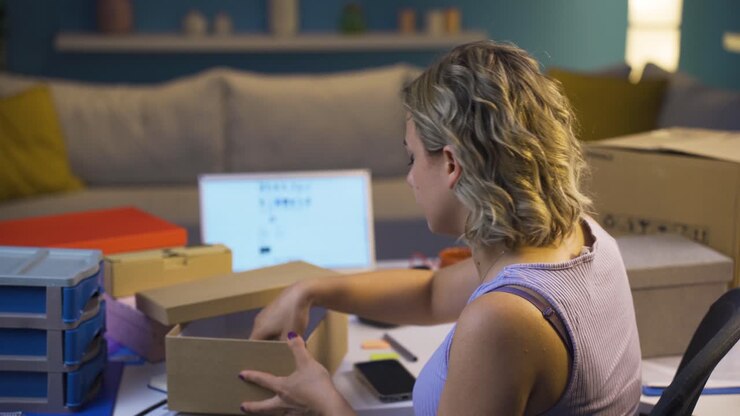 Entrepreneur packaging her products for sale. e-commerce.