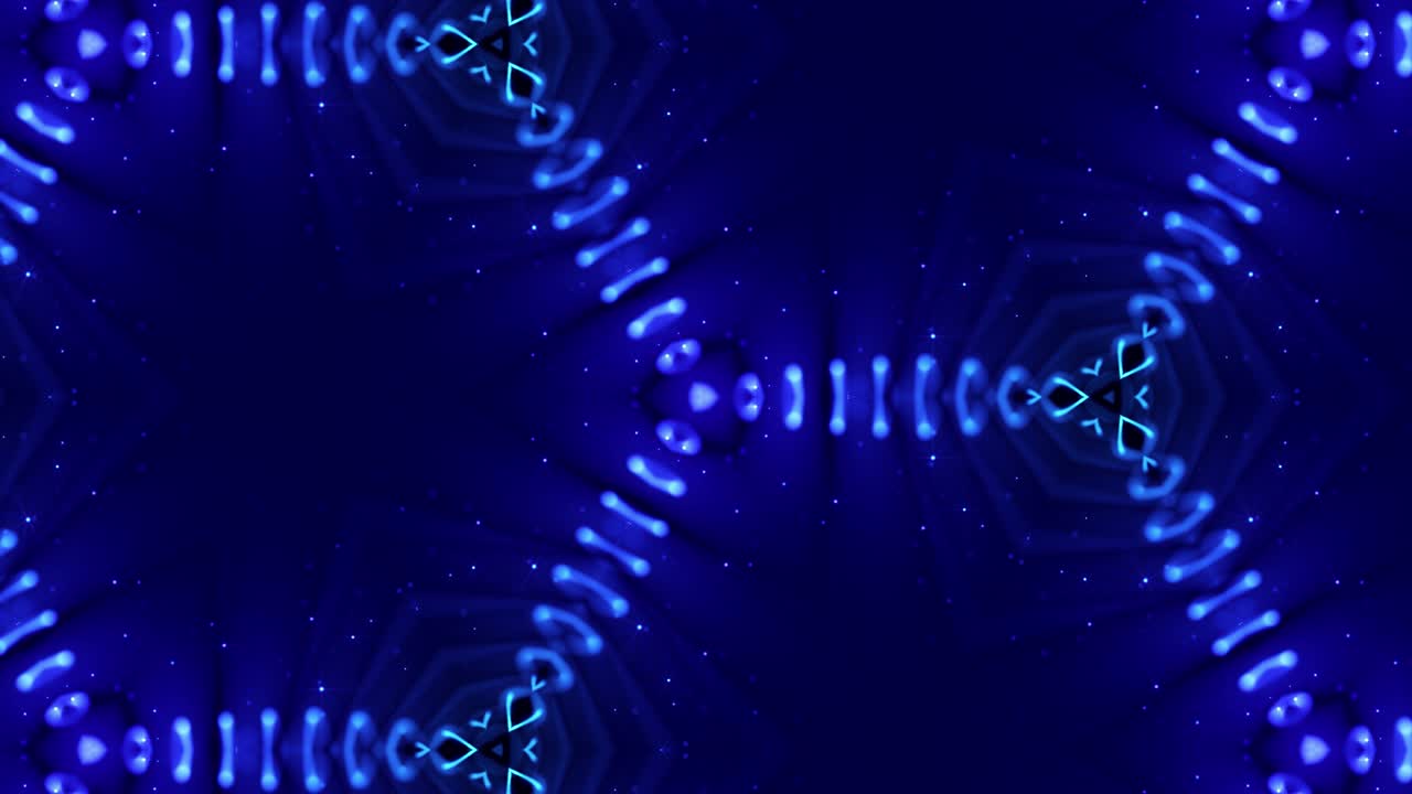 tema abstracto caleidoscópico. fondo 3d de ciencia ficción en bucle de 4k con partículas azules brillantes forman líneas, superficies, patrones estructuras simétricas complejas