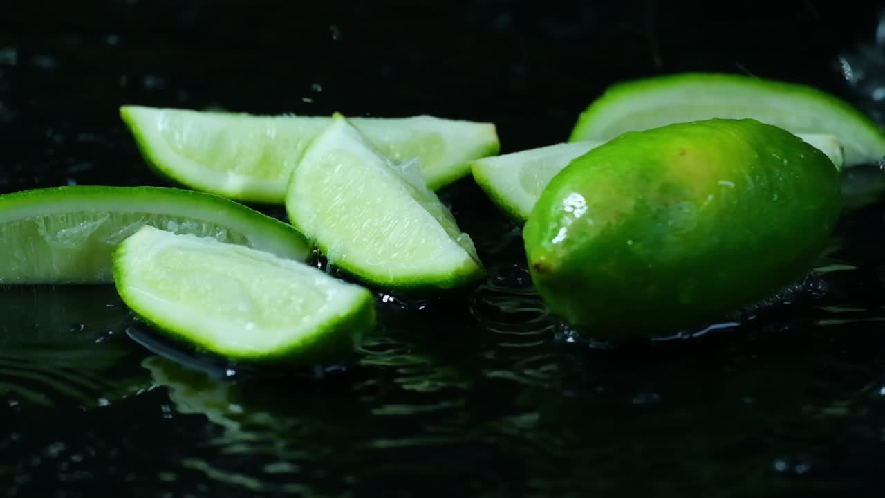 limas verdes contra un fondo negro con gotas de agua lloviendo sobre ellas