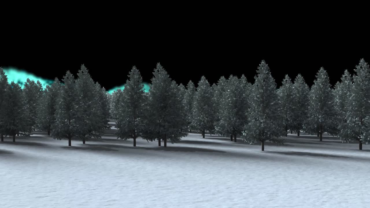 겨울 풍경에 있는 여러 나무들이 푸른 배경에 녹색으로 빛나는 디지털 파동을  ⁇ 고 있습니다.