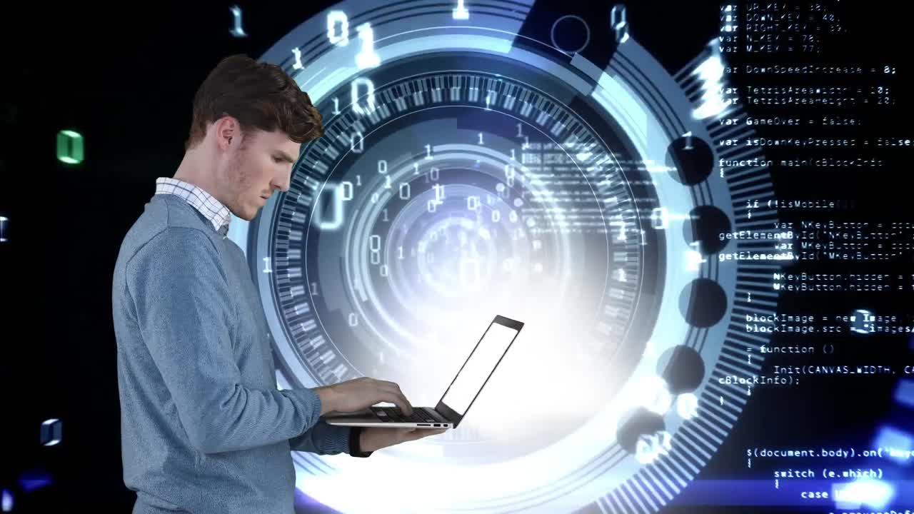 animación de un hombre caucásico usando una computadora portátil sobre números flotantes