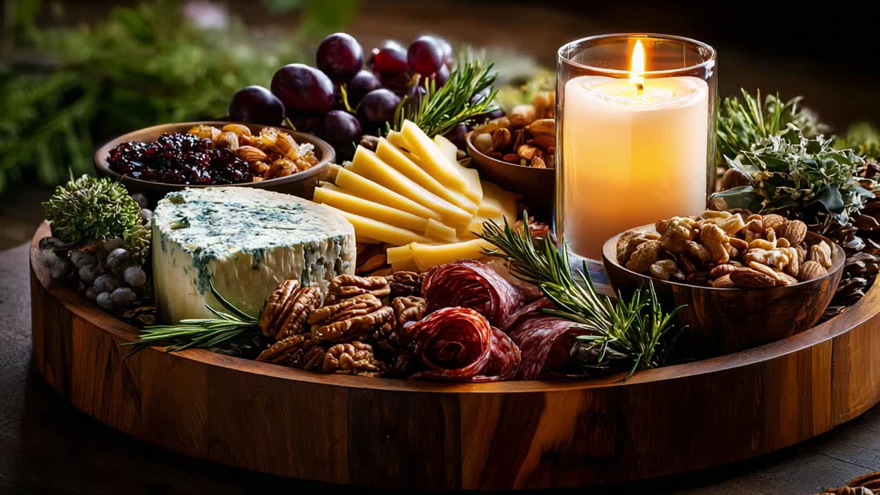 A Luxurious Charcuterie Board Displaying an Assortment of Cheeses, Meats, Nuts, and Fruits Surrounded by Natural Greenery and a Softly Glowing Candle for an Elegant Rustic Dining Experience