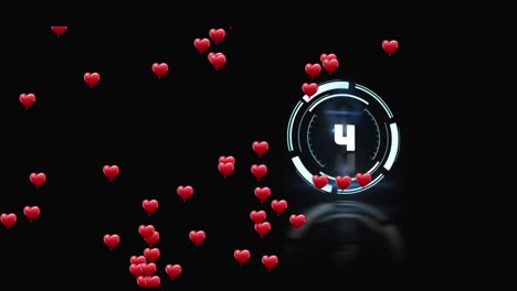 Animation-of-hearts-over-scope-scanning-with-countdown-on-black-background