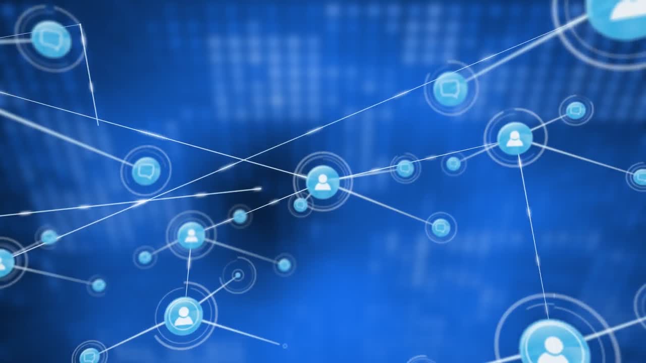 animación de una red de iconos digitales sobre cuadrados de mosaico contra un fondo azul.