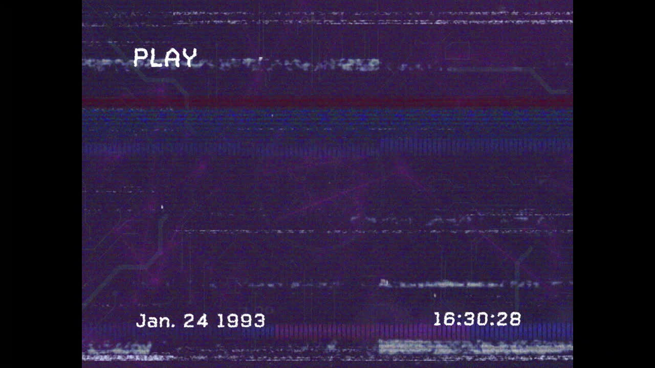 Animation showing retro VHS tape effect with PLAY, date, and time overlay