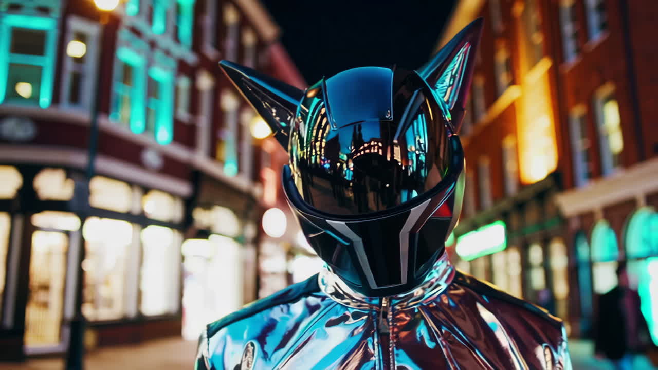 Person in Futuristic Cat Helmet and Reflective Clothing