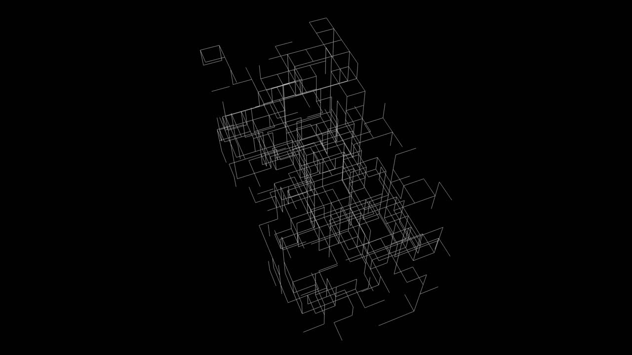 Evolving geometric wireframe representing digital architecture or quantum physics. Clean technical lines for architectural visualization or tech backgrounds