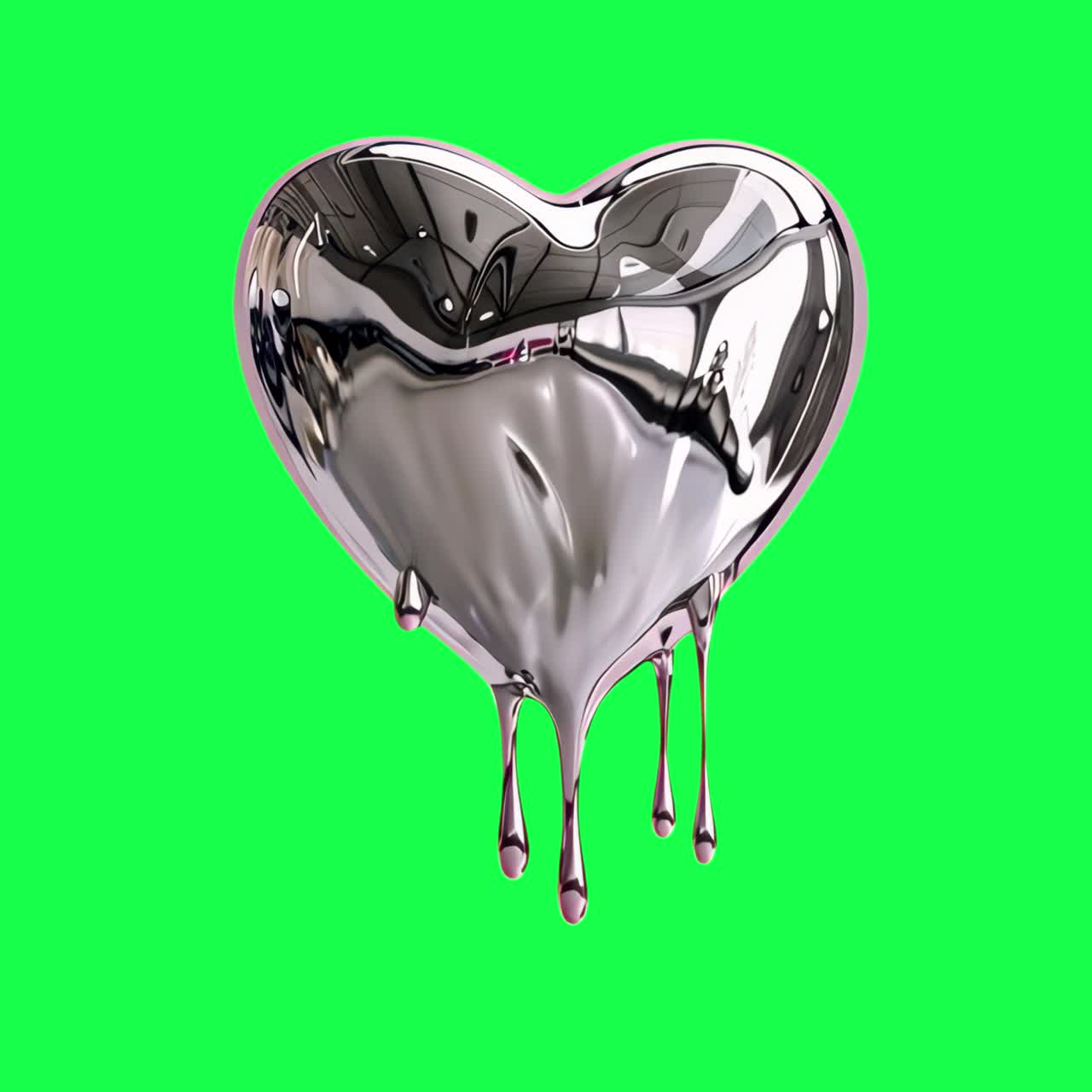 Metallic heart with dripping effect animation, transparent 4K video, green screen