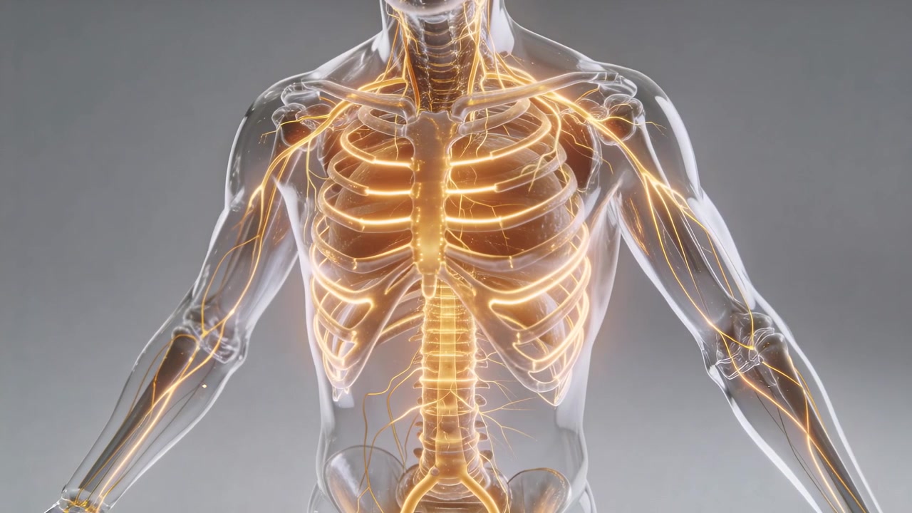 Illuminazione variabile della telecamera che rivela il busto in una vista clinica, evidenziando costole, colonna vertebrale e nervi per lo studio.