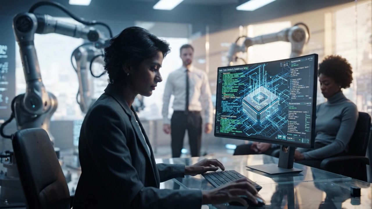 A focused professional analyzing advanced technology on a computer screen while engaging with colleagues in a futuristic robotics laboratory environment.