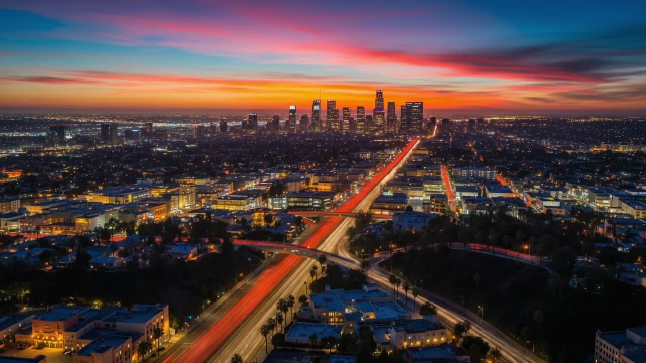A Captivating Transition: The Urban Landscape of a City Skyline Against a Sunset and Night Sky, Showcasing the Beauty of City Lights and Highways