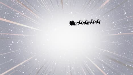 Snow-falling-on-santa-claus-in-sleigh-being-pulled-by-reindeers-and-light-trails-on-grey-background