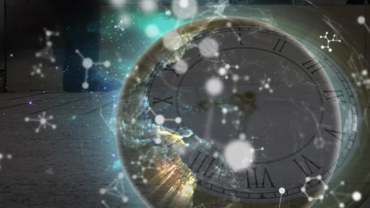 거리에서  ⁇ 는 사람들 위에 분자, 지구와 움직이는 시계의 애니메이션