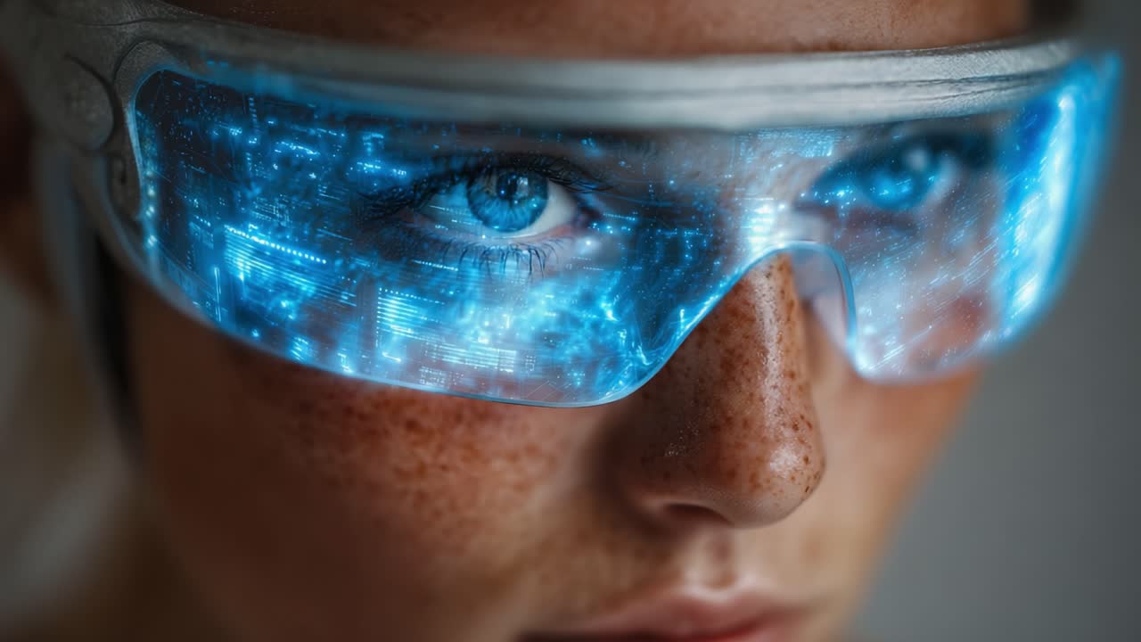 Una visione futuristica della tecnologia della realtà aumentata racchiusa in eleganti occhiali, che mostra intricati display olografici ed enfatizza la fusione tra moda e informatica avanzata