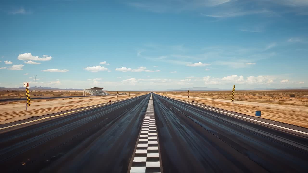 Runway stretching toward horizon in desert test ground, showing checkered start line