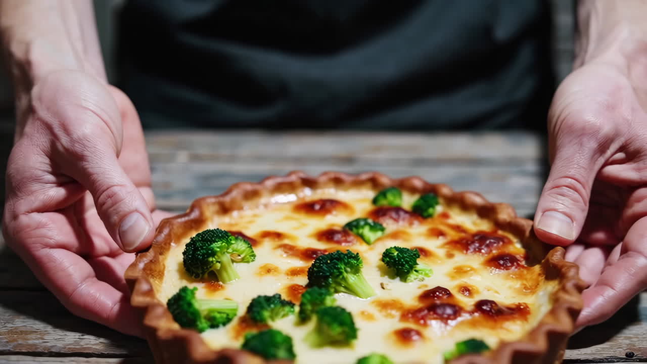Mani che posizionano e sollevano una quiche ai broccoli fatta in casa