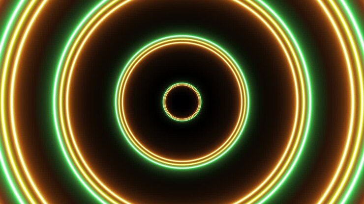 Group of orange, yellow and green circles seamless loop animation on a dark background. Abstract futuristic flight in tunnel motion graphic