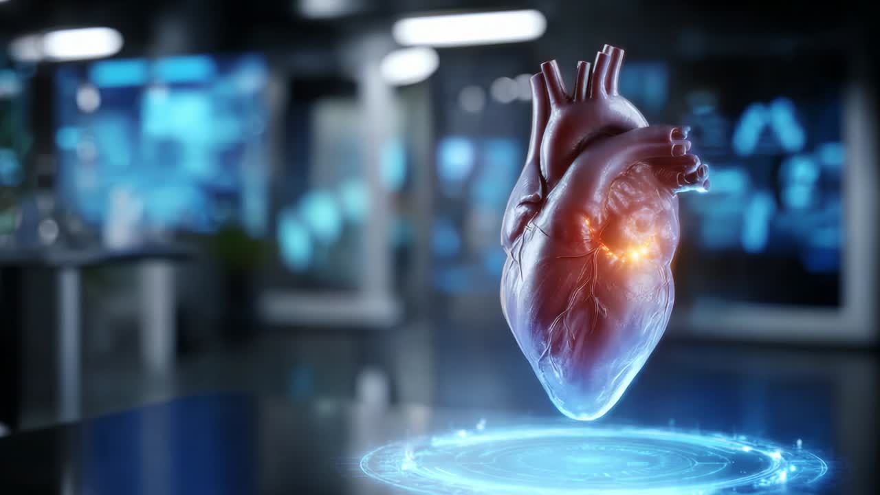 A stunningly detailed 3D visualization of a human heart, showcasing its anatomy and structure with a glowing light effect, set in a modern, high-tech environment that highlights medical innovation and technology