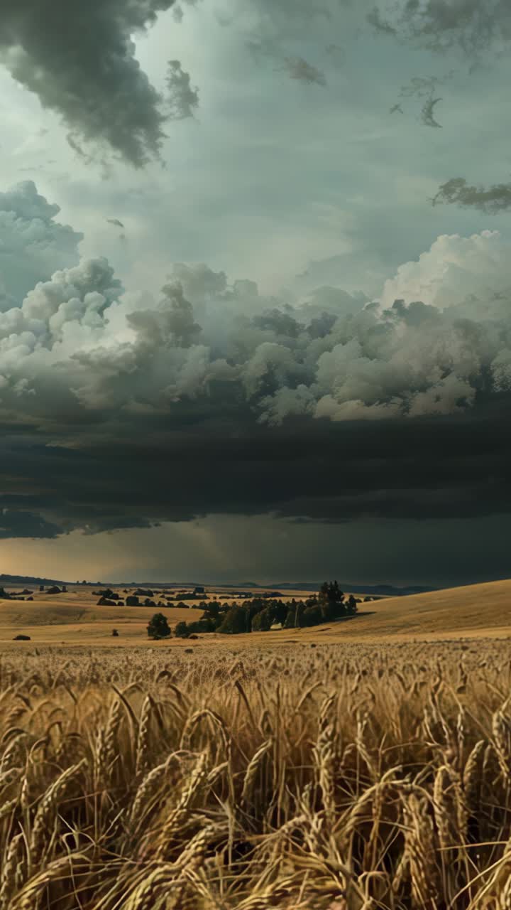 Vertical video: Thickening gray clouds building dark cumulonimbus over wheat, revealing rain shaft