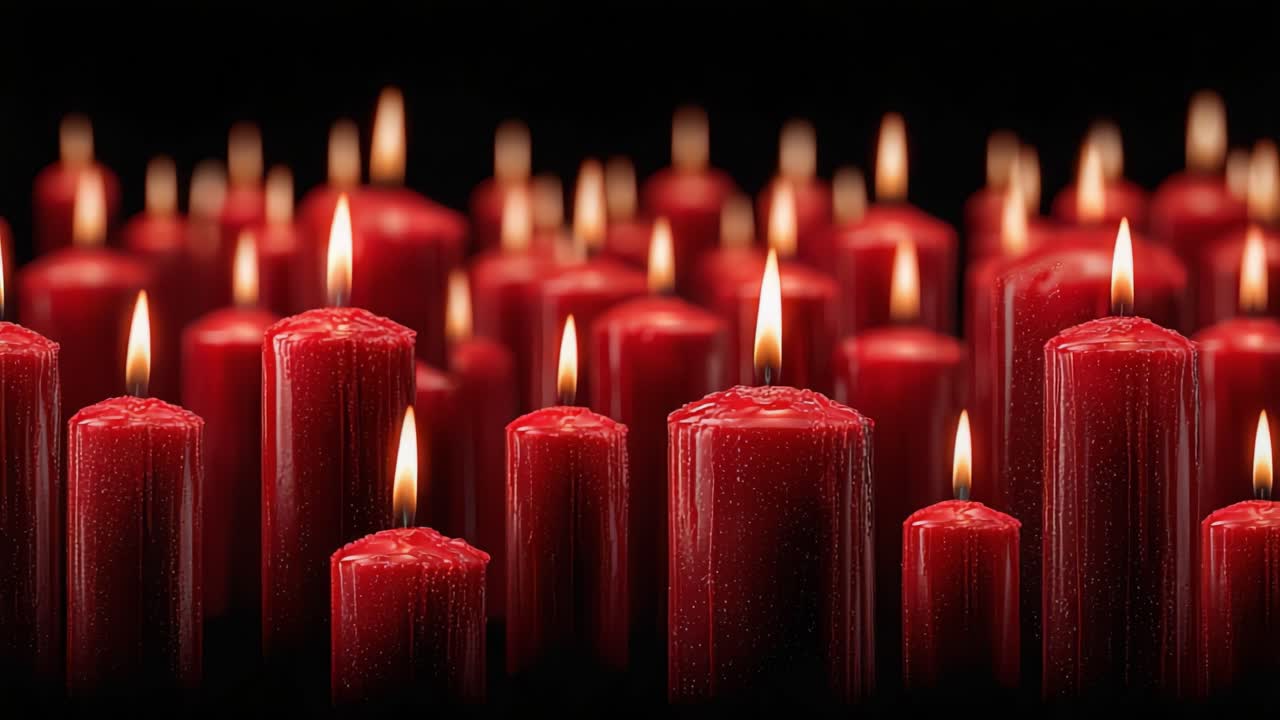 Una suggestiva esposizione di candele rosse luminose su uno sfondo scuro, che crea un'atmosfera calda e invitante perfetta per il relax e la riflessione.