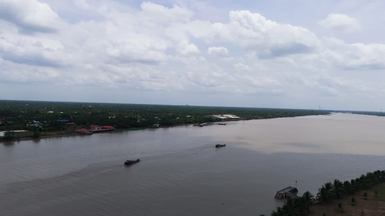 Aerial View of Two Ships in the River in Ben Tre.