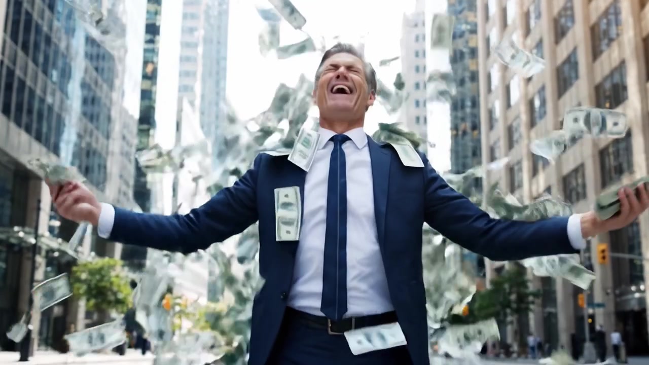 Un ejecutivo adinerado celebra el éxito financiero en una concurrida calle urbana, mostrando felicidad y logros con dinero volando entre rascacielos