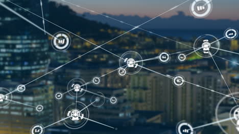 Network of connections and data processing animation over cityscape at dusk
