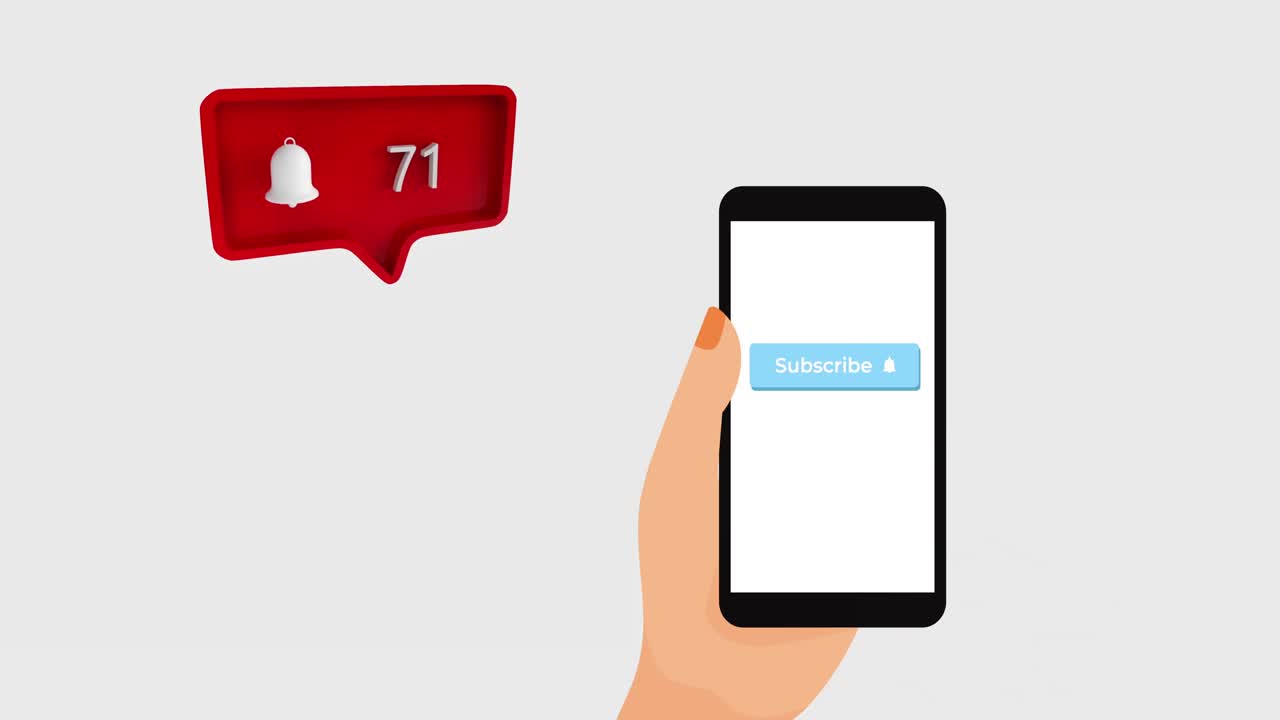 Animazione dello schermo dello smartphone con la scritta "iscriviti" e un fumetto rosso