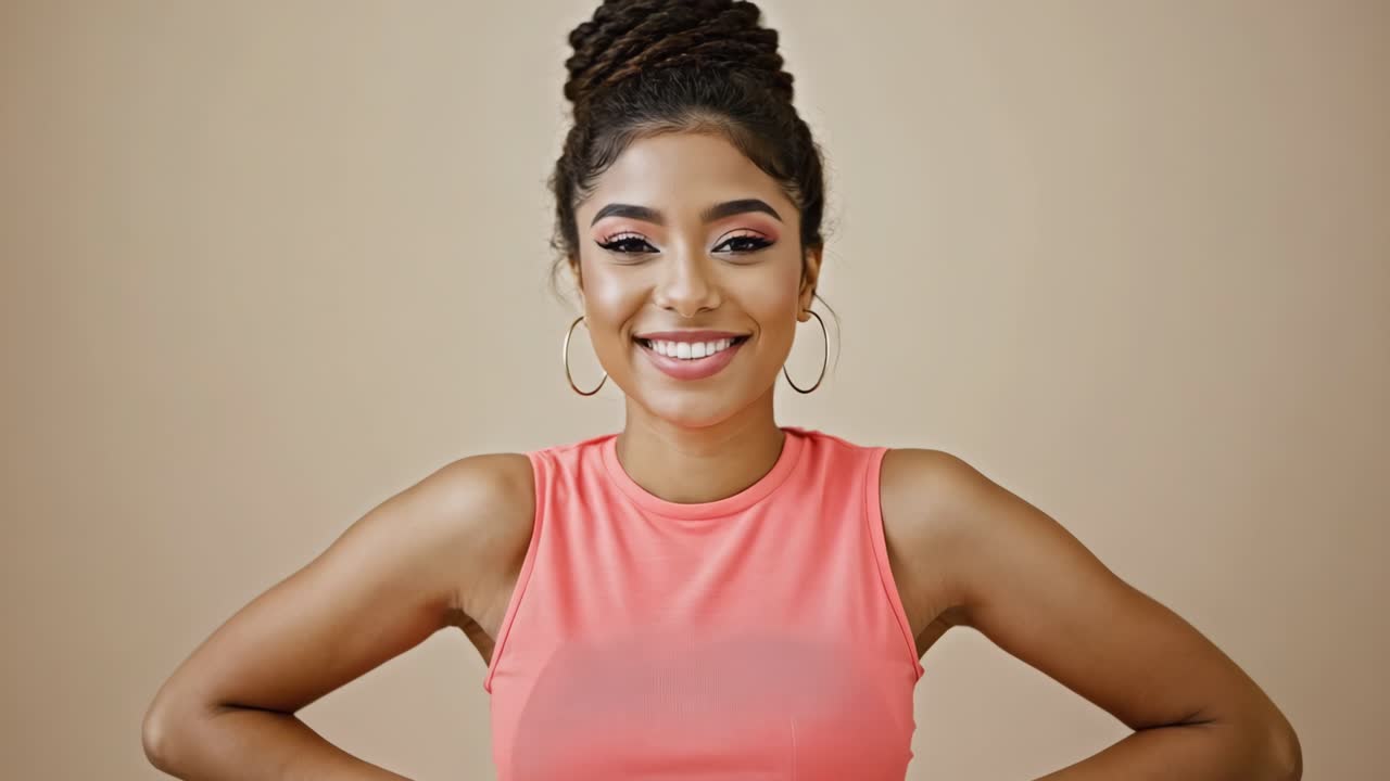 Confident young woman standing with hands on hips, wearing casual top, expressing positive energy through bright smile and engaging gaze against neutral beige background