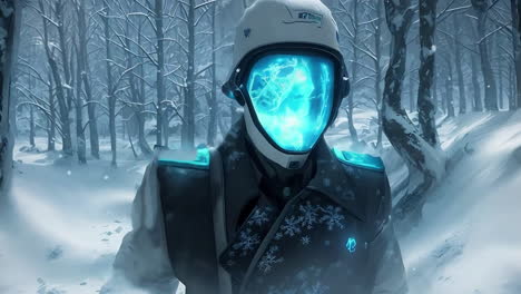 futuristic soldier in a winter forest