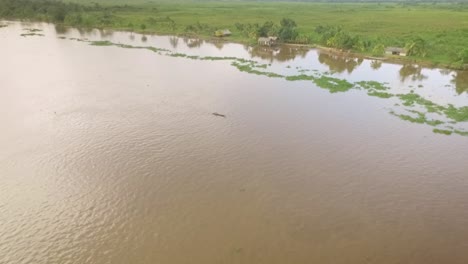 vista aérea de una pequeña canoa indígena flotando en el río orinoco con pequeñas casas indígenas en la orilla verde