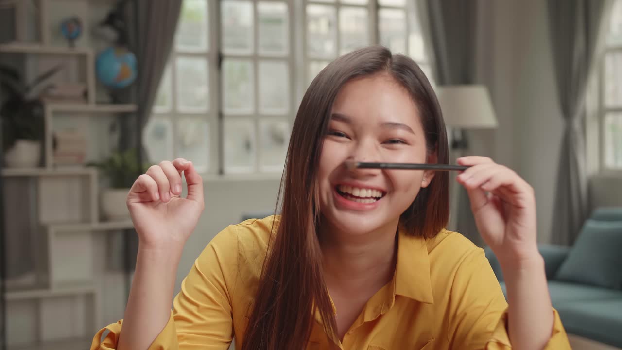 Funny Beauty Blogger Laugh, Smile And Talking To Camera At Home Studio