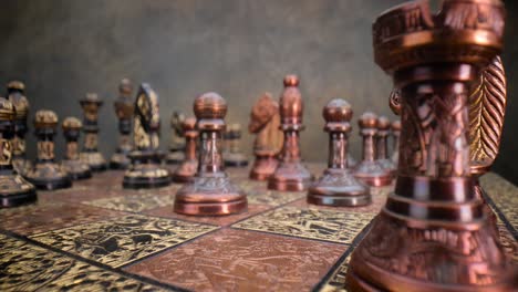 flight of the camera between vintage chess. super macro close-up.