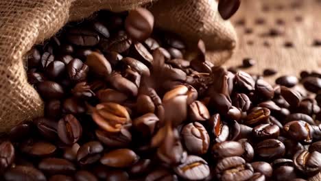 a sack full of coffee beans on a wooden table