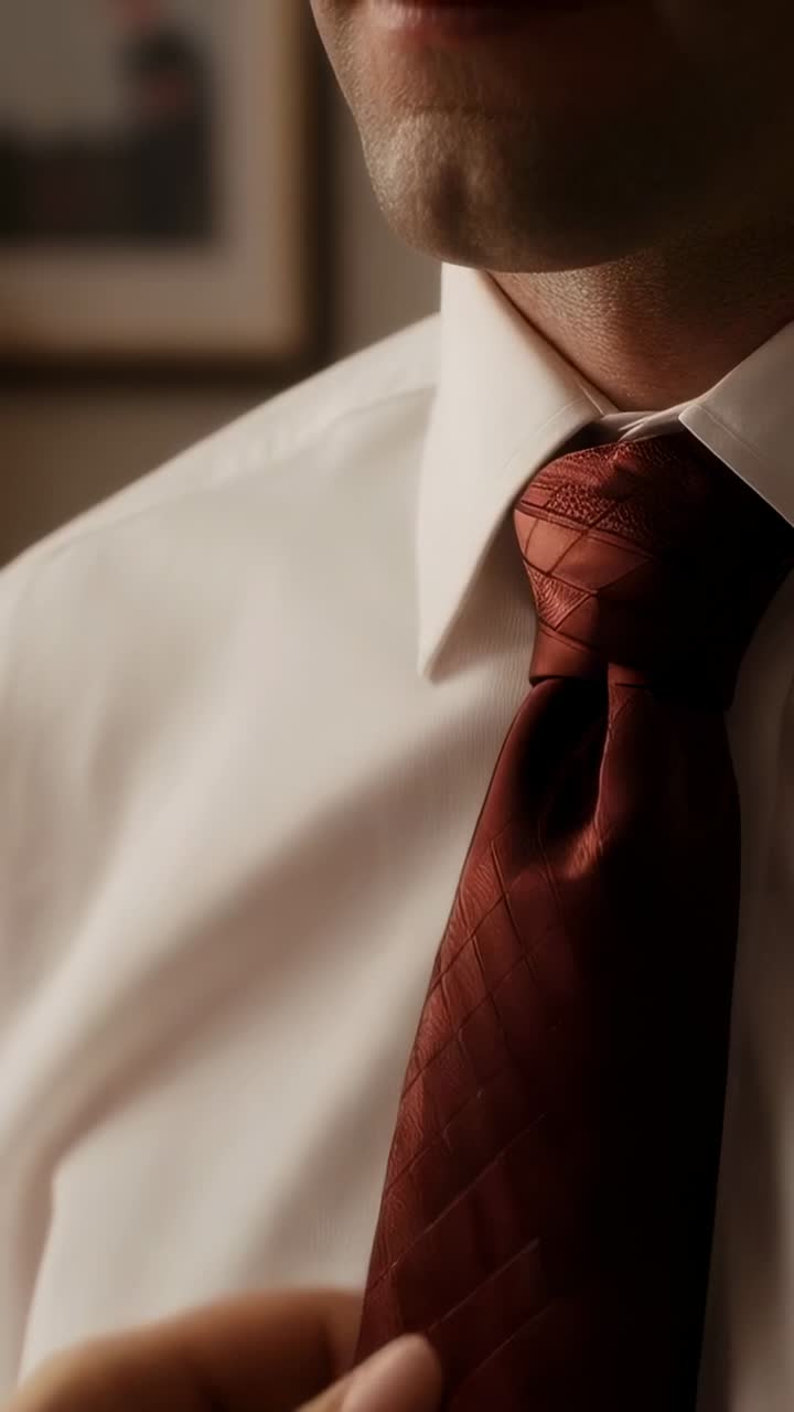 Vídeo vertical: Unas manos que se estiran para colocarle una corbata roja a un hombre con camisa blanca en una habitación, preparándose para un evento