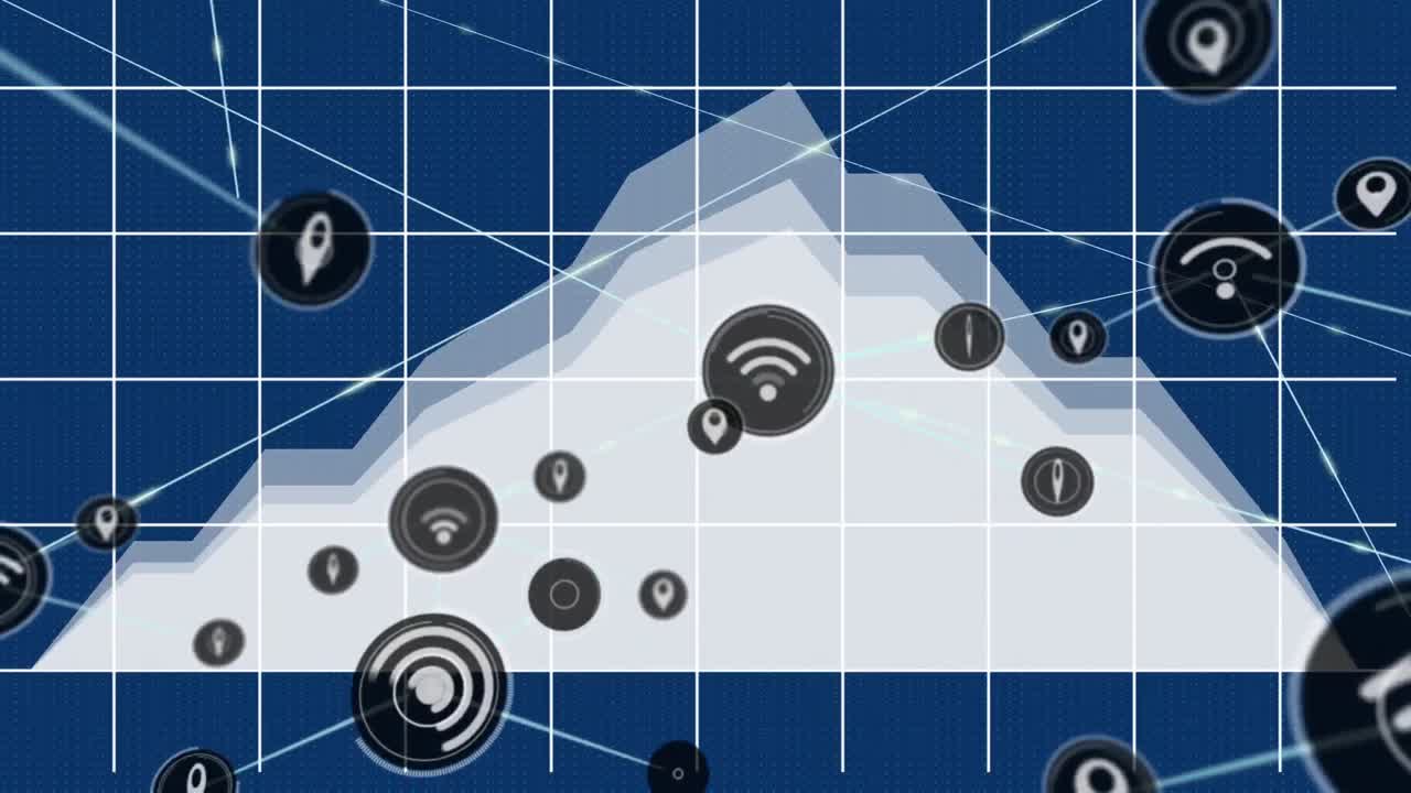 파란색 배경에 산과 그리드 위의 아이콘과 연결 네트워크의 애니메이션