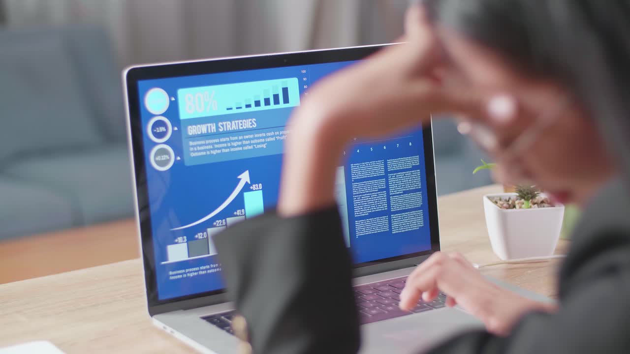 mujer de negocios trabajando en una computadora portátil con estrategias de crecimiento mostradas