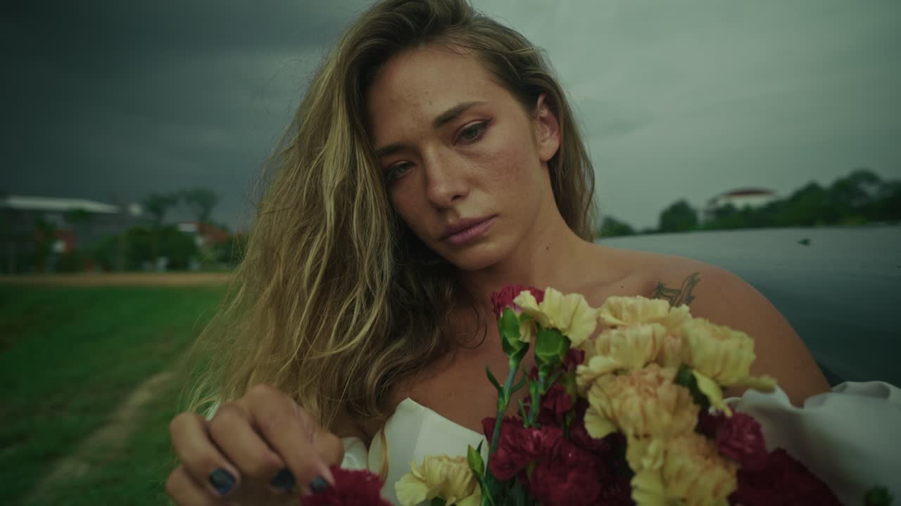 Donna con fiori vicino a un'auto d'epoca in una giornata nuvolosa